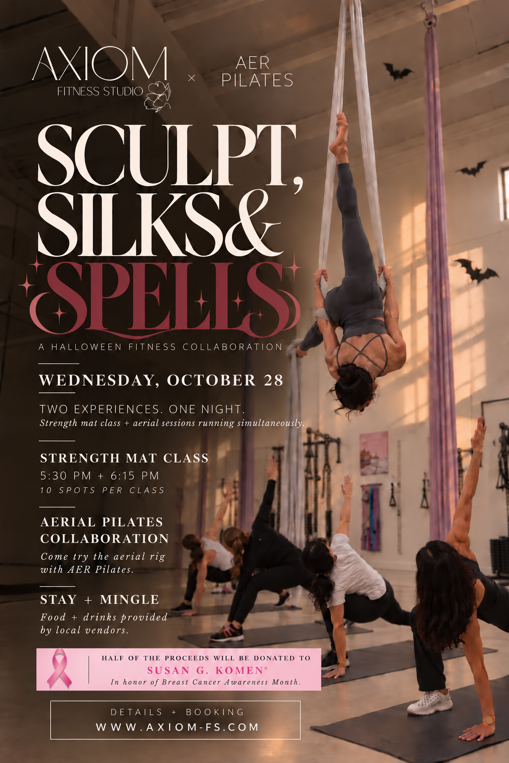 Sculpt, Silks & Spells event flyer, Axiom Fitness Studio x AER Pilates